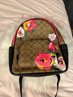 Coach Brown Signature Canvas Backpack with Pink Floral Print